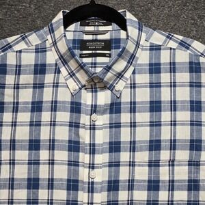 Nordstrom Shirt XL Trim Fit Blue Plaid Short Sleeve Button Down Linen Blend